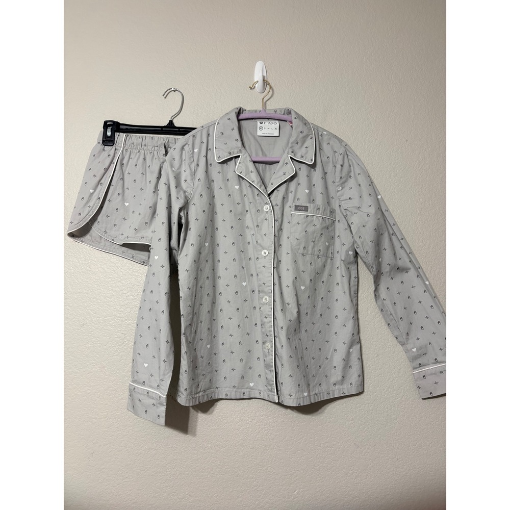 Figs Cardiac Pajama Set Grey Anatomical Heart EKG Print LS Top Shorts XS